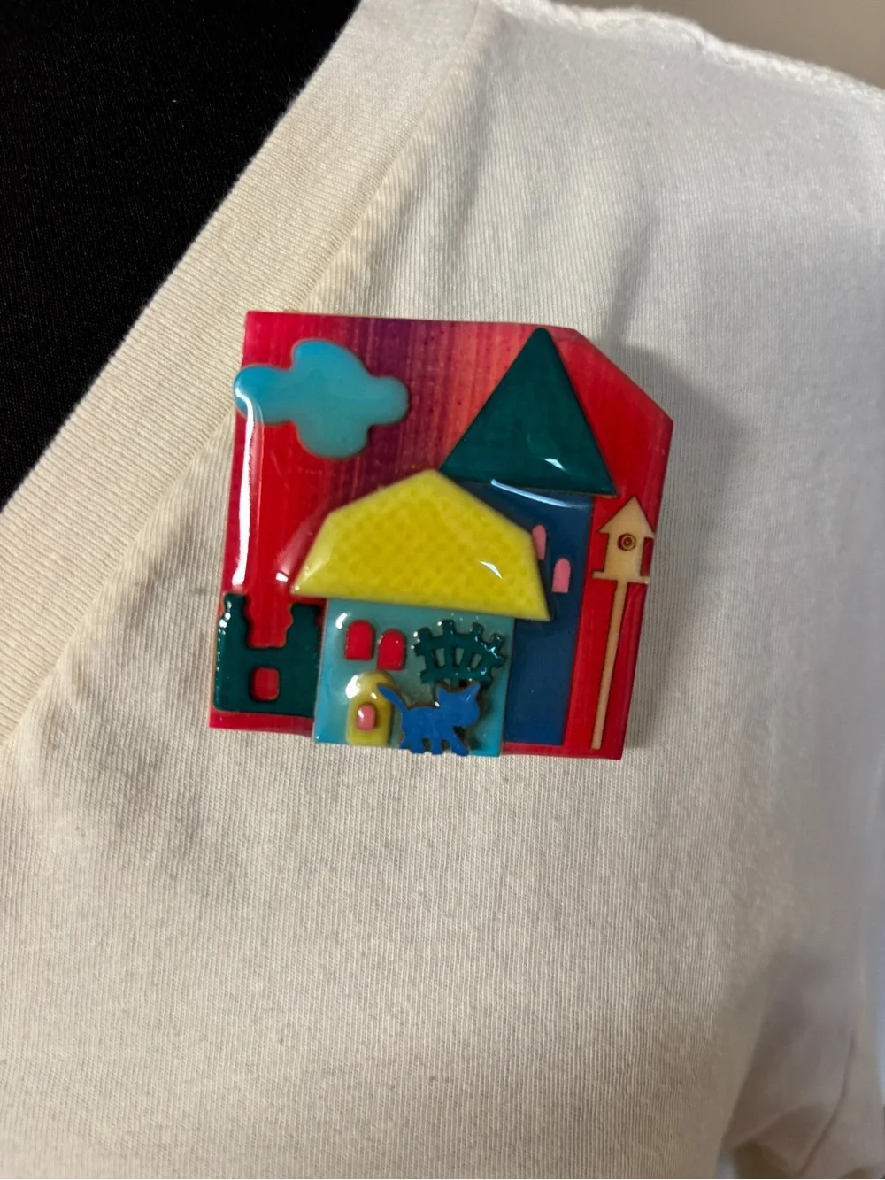 Colorful House Pin Brooch - Multicolor Glass